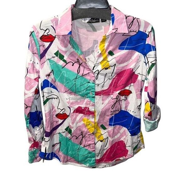 New York & Company Face-Print Double-Button Secret Button Ny&C Madison Shirt Sma - Picture 2 of 9